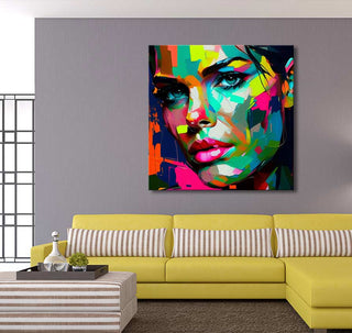 Françoise Nielly-signature 'Samantha in Love': A vibrant pop-art portrait of a woman's face, hand-painted in bold colors, adorning a modern living room.