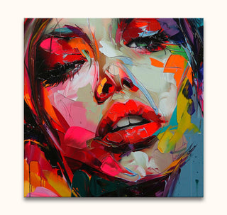 Françoise Nielly-signature 'Linda in Love' portrait; bold expressionist brushstrokes depict a woman's face with dynamic, vibrant colors on high-quality canvas. Ready to hang.