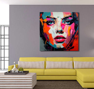 Françoise Nielly-signature - Melany's Daydream: A vibrant, hand-painted pop art portrait of a woman's face, centered above a modern sofa in a stylish living room setting.