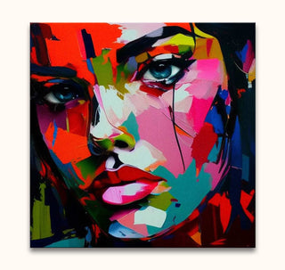 Françoise Nielly-signature - Jacky in the Afternoon: A hand-painted pop-art portrait of a woman's face, showcasing vibrant, expressive artistry on museum-quality canvas.
