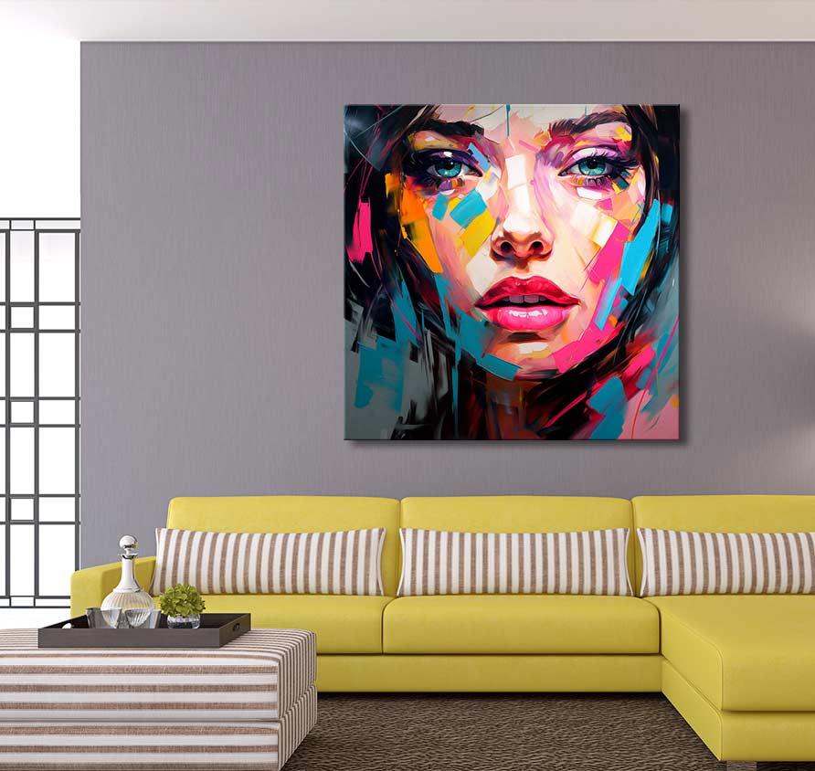 Françoise Nielly-signature painting Inga in the Morning in a modern living room, featuring a vibrant abstract portrait above a yellow sectional sofa.