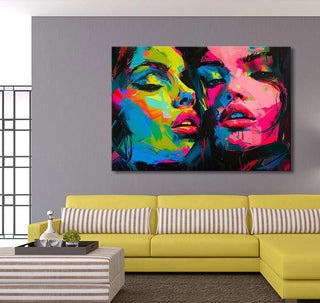 Françoise Nielly-signature Delightful Twins - vibrant oil painting of two female faces, showcasing bold style and expressive energy, perfect for modern interiors.