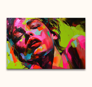 Expressionist portrait 'Colorful Lady' by Françoise Nielly, showcasing a woman's abstract face with dynamic, vibrant brushstrokes. Ready-to-hang on wooden frame.