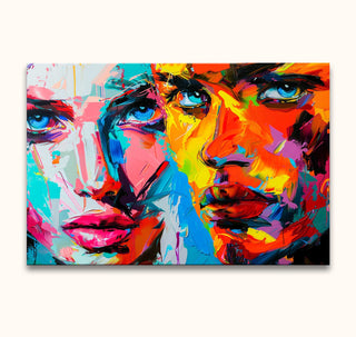 Twee abstracte gezichten in expressieve kleuren en textuur, geschilderd door Françoise Nielly. Olieverf op doek, klaar om op te hangen.