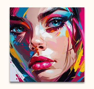 Françoise Nielly-signature - Rebecca by Night: Pop-art portrait of a woman's face with bold colors and expressive strokes, hand-painted on museum-quality canvas.