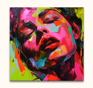 Françoise Nielly-signature - Jody by Night: Expressive abstract portrait of a woman’s face with vibrant neon hues, hand-painted on museum-quality canvas.