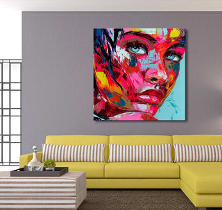 Françoise Nielly-signature - Tiffany by Night: Expressionistic woman’s portrait in vibrant colors, hand-painted on museum-quality canvas, complements modern interior settings.