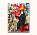 Banksy-inspired chimpanzee with spray can on Coca-Cola crate, graffiti backdrop. Hand-painted oil on canvas, ready to hang, perfect for street art enthusiasts.