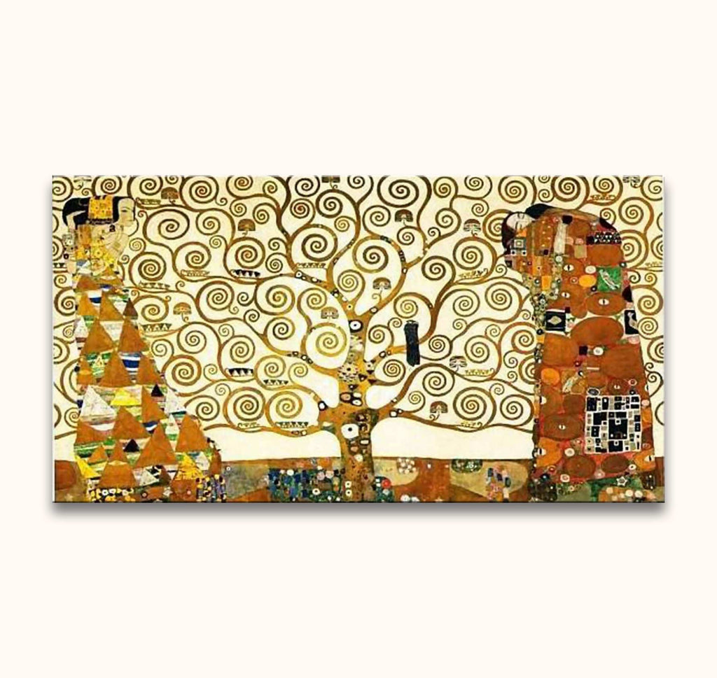 Gustav Klimt – Tree of Life: Hand-painted oil mural featuring a golden tree and two abstract figures, capturing Klimt's intricate style. Ready-to-hang, UV-protected canvas.