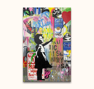 Banksy - Girl with Balloon 3: A vibrant street-art canvas featuring a girl reaching for a red balloon, spray cans, and urban signage, blending pop and graffiti styles.