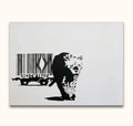 Banksy - 'Tiger with Barcode': Black-and-white stencil-style artwork depicting a leopard escaping from a railcar's barcode load. Hand-painted, street pop art.