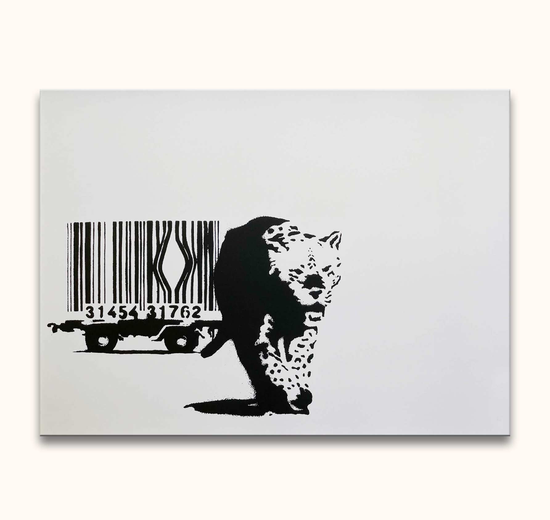 Banksy - 'Tiger with Barcode': Black-and-white stencil-style artwork depicting a leopard escaping from a railcar's barcode load. Hand-painted, street pop art.
