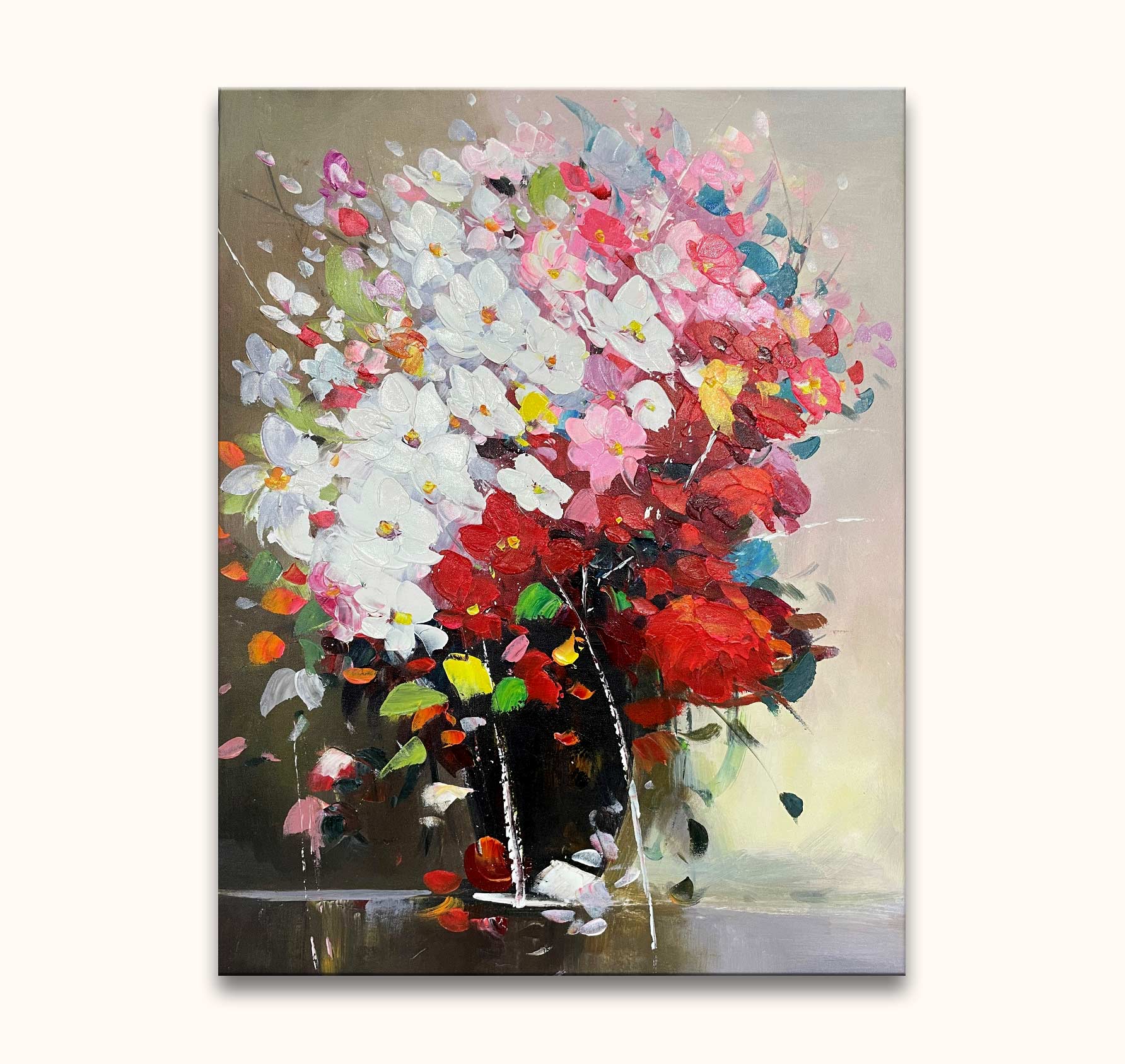 Bloemen uit Madrid - Olieverf op canvas: Een expressief, handgeschilderd bloemstilleven met witte, roze, rode bloemen in een vaas, vol beweging en kleur.