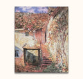 Impressionist oil painting De Trap by Claude Monet, featuring a rustic house with a stone staircase and vine, expertly capturing light and color.