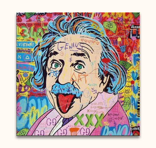 Jisbar - Albert Einstein portrait in pop-art graffiti style, featuring vibrant doodles and phrases, ideal for modern interior design. Hand-painted, ready to hang.