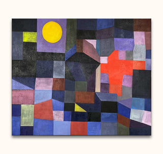Paul Klee's Fire at Full Moon features interlocking geometric shapes in jewel tones, highlighted by a vivid orange-red cross on an off-white background.