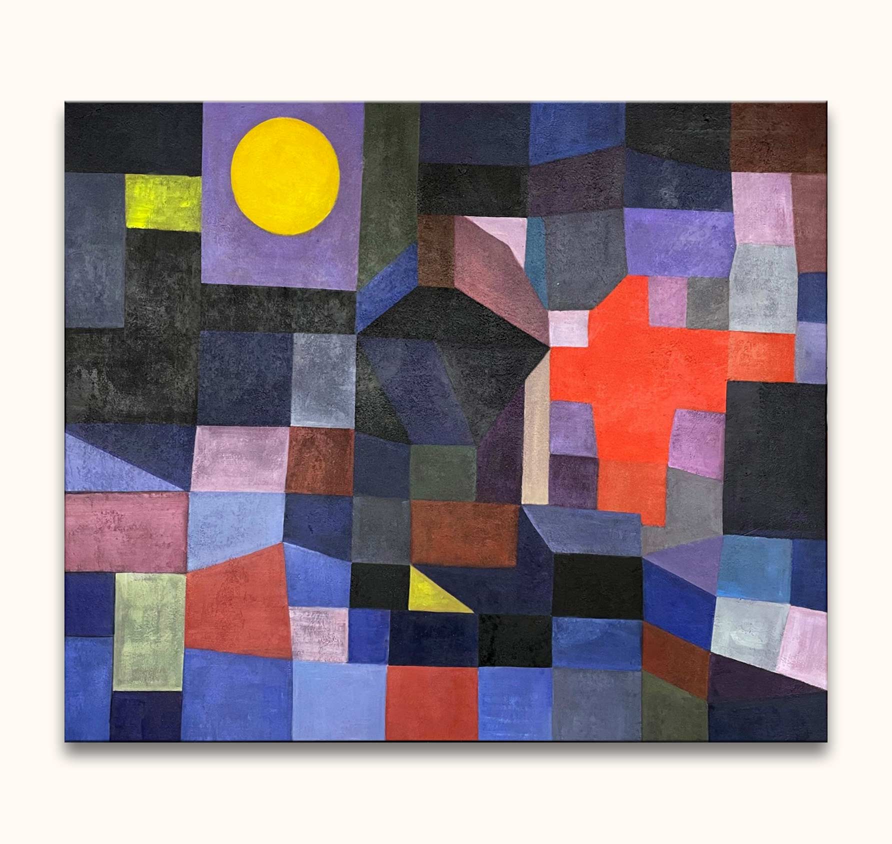 Paul Klee's Fire at Full Moon features interlocking geometric shapes in jewel tones, highlighted by a vivid orange-red cross on an off-white background.