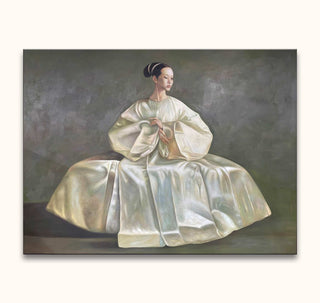 Lu Jun Jian's Lady in Dress depicts a serene woman in a white gown, showcasing modern-classical Chinese art with impressionistic oil on canvas.