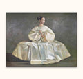 Lu Jun Jian's Lady in Dress depicts a serene woman in a white gown, showcasing modern-classical Chinese art with impressionistic oil on canvas.