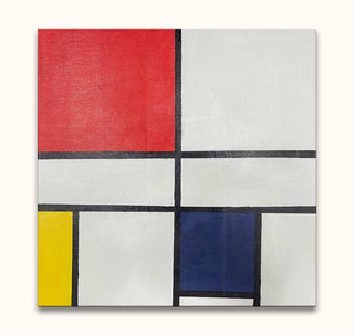 Piet Mondriaan - Compositie in Rood, Geel en Blauw: Abstract geometric painting with black grid and primary colors, hand-painted on museum-quality canvas, ready to hang.