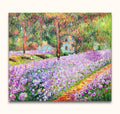 Claude Monet's Bloementuin: Impressionistisch olieverfschilderij met een weelderige tuin, kronkelend pad, bloemen en bomen, opgespannen op houten frame, klaar om op te hangen.