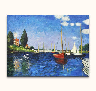 Zeilhaven van La Rochelle olieverfschilderij in impressionistische stijl met kleurrijke boten en waterreflecties, geïnspireerd door Claude Monet. Perfect voor moderne kunstliefhebbers.