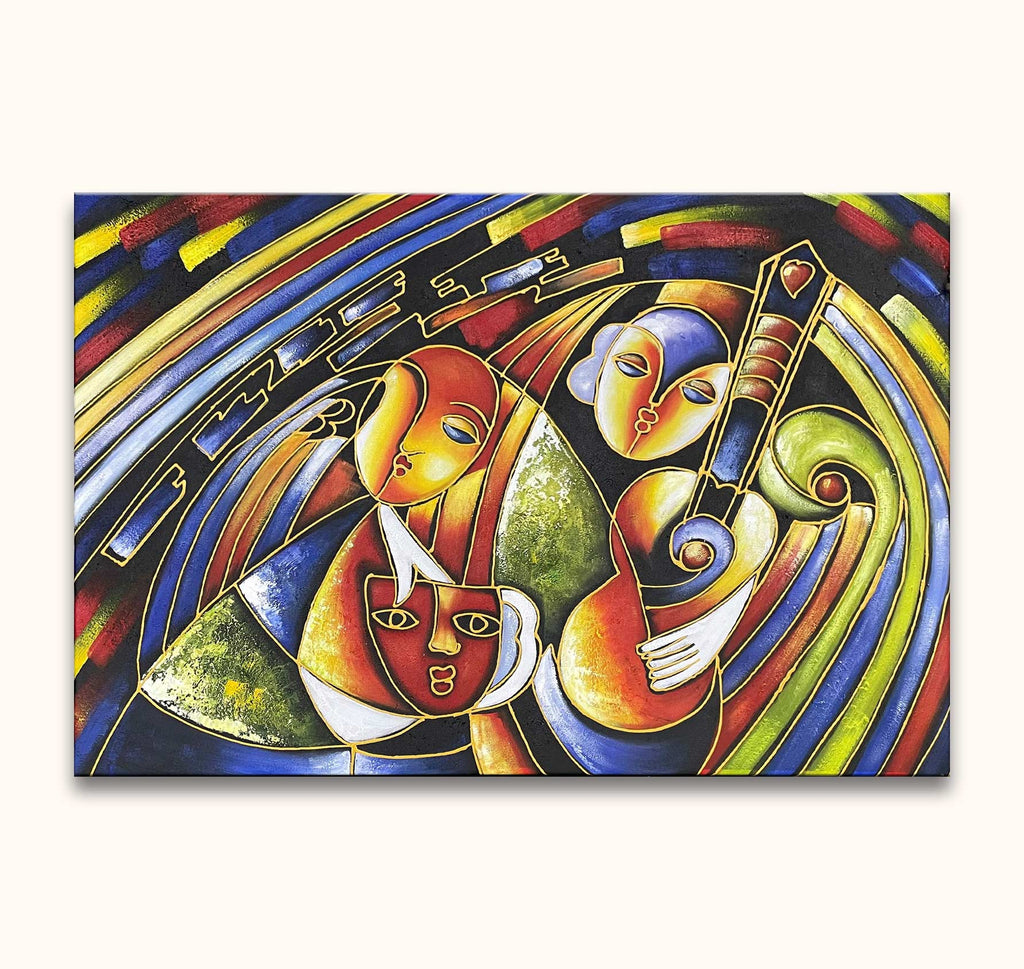 Twee gestileerde figuren met gitaar in kubistische stijl, schilderij Avond met Muziek door Picasso, handgeschilderd op museumkwaliteit canvas, perfecte expressieve kunst voor elk interieur.