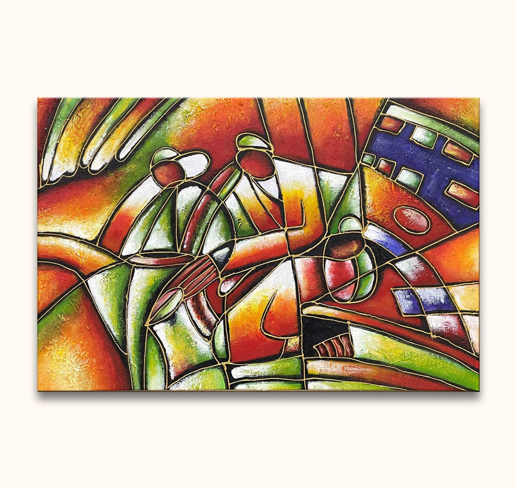 Kubistisch schilderij Forensen met abstracte muzikanten. Handgeschilderd met olieverf, geïnspireerd door Pablo Picasso, klaar om op te hangen. Geschikt voor moderne kunstliefhebbers.