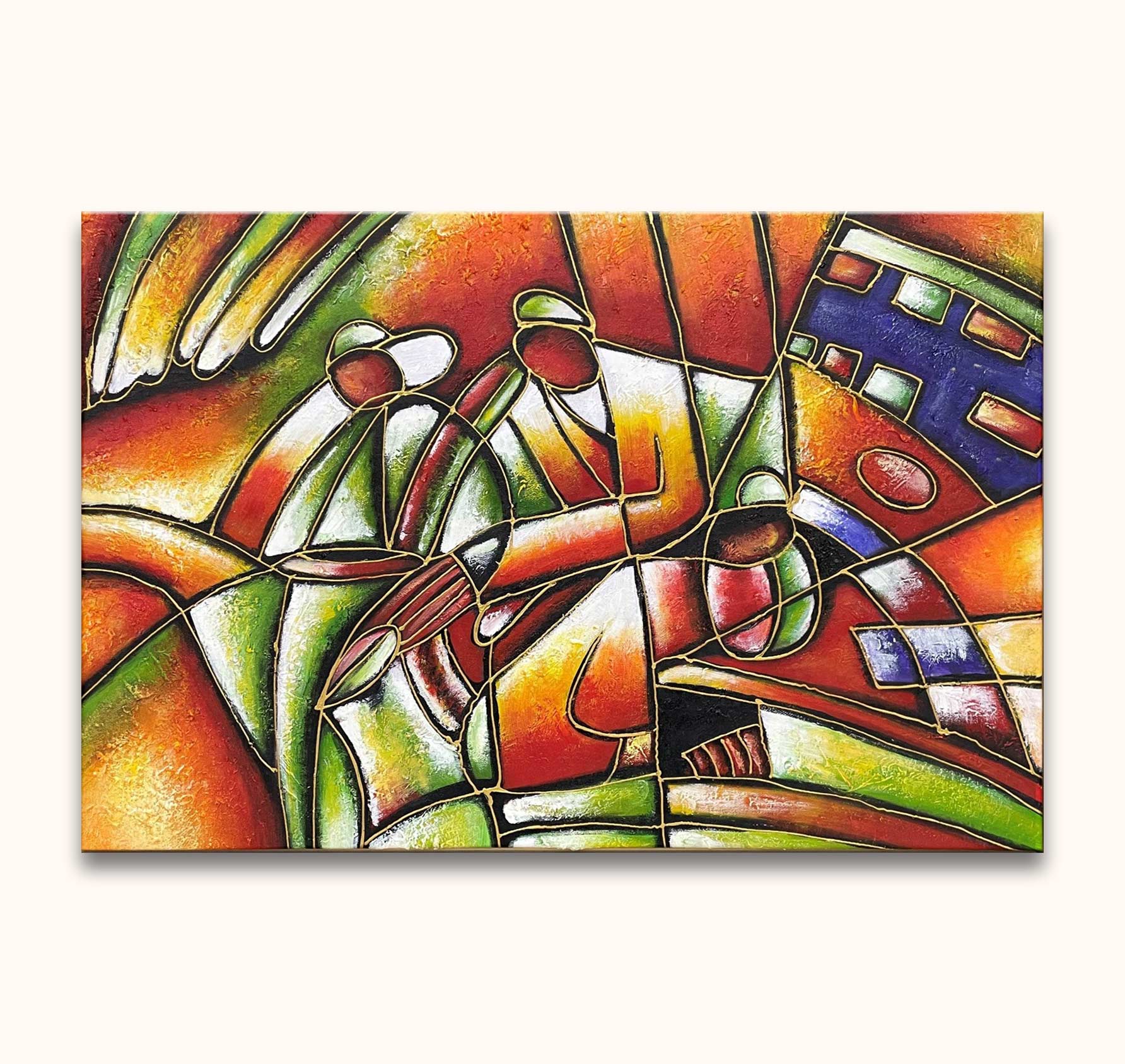 Kubistisch schilderij Forensen met abstracte muzikanten. Handgeschilderd met olieverf, geïnspireerd door Pablo Picasso, klaar om op te hangen. Geschikt voor moderne kunstliefhebbers.