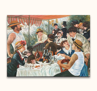 Pierre-Auguste Renoir's Lunch van de Roeiers, an Impressionist scene of a lively riverside luncheon with elegantly dressed figures, hand-painted on museum-quality canvas.