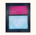 Rothko signature - Compositie 3: Abstract oil painting with magenta and sky-blue rectangles on dark background, hand-painted for modern interiors.
