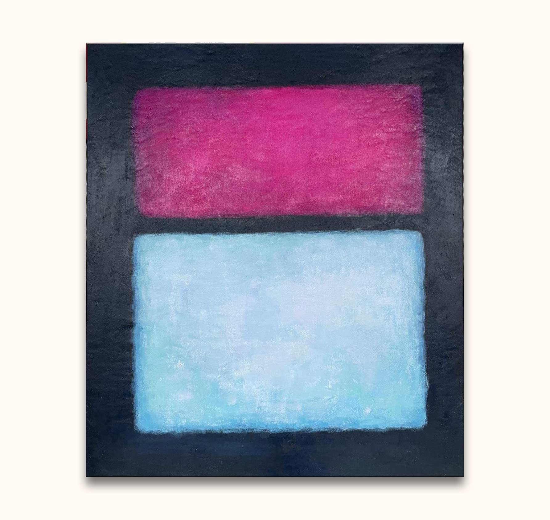 Rothko signature - Compositie 3: Abstract oil painting with magenta and sky-blue rectangles on dark background, hand-painted for modern interiors.