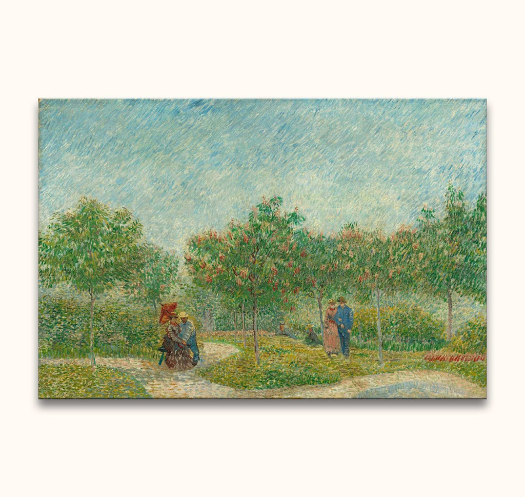 Vincent van Gogh's Tuin met Geliefden: Neo-Impressionist landscape with couples in a tree-lined park, hand-painted on museum-quality canvas, ready to hang.