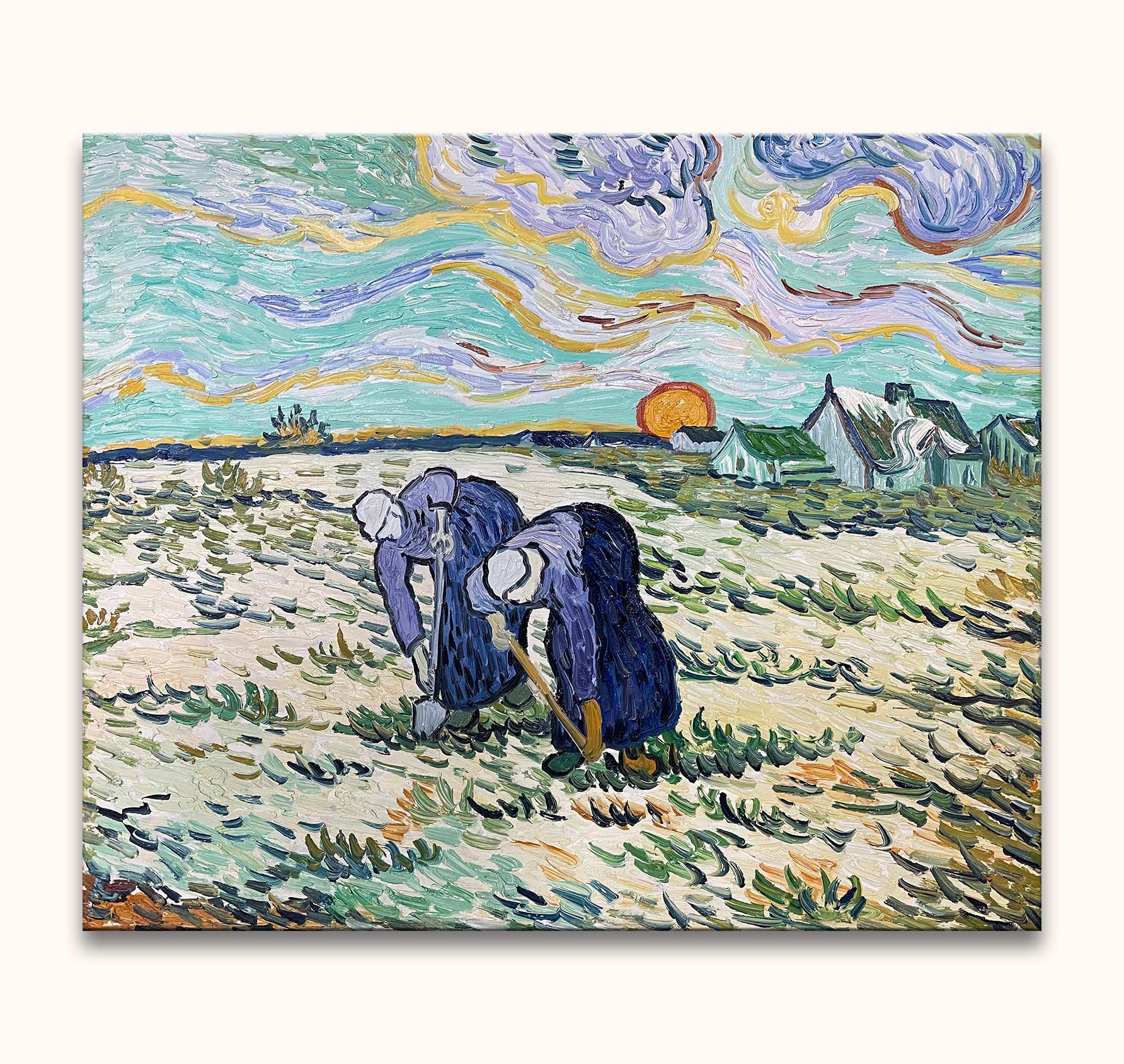 Vincent van Gogh - Twee Boerinnen: Two women harvesting in a field, painted in post-Impressionist style. Hand-painted oil on canvas, stretched on wood, ready to hang.