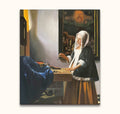 Jonge vrouw met weegschaal in 17e-eeuwse stijl, geïnspireerd door Vermeer. Handgeschilderd olieverfschilderij, klaar om op te hangen. Geschikt voor kunstliefhebbers.