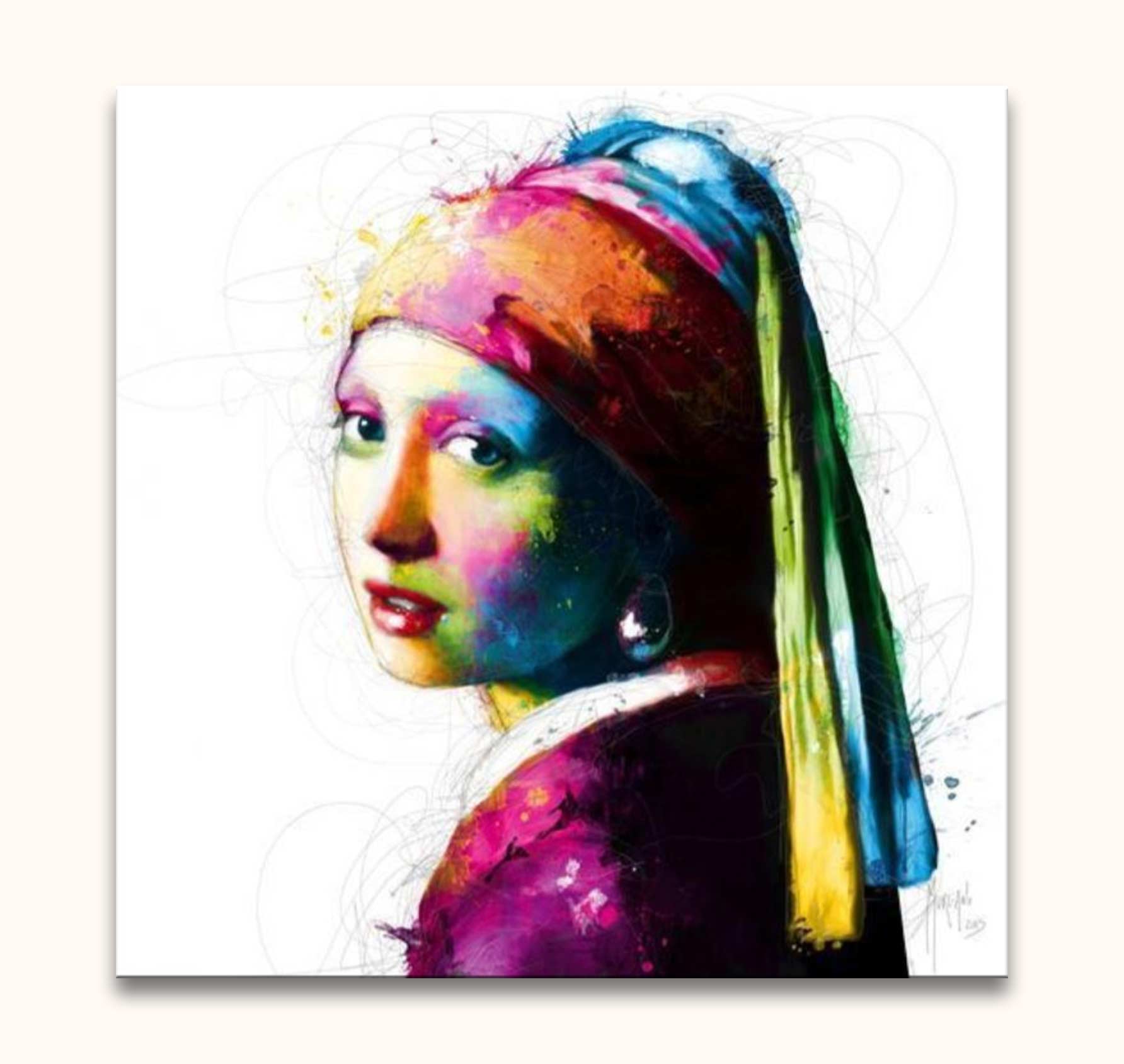 Patrice Murcaino's vibrant 'Meisje met de Parel' reimagines Vermeer's classic, showcasing a modern expressionist style with bold colors on quality canvas.