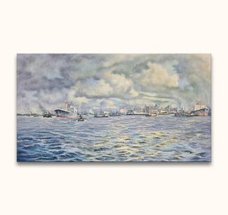 Marius de Jongere's 'Havenpanorama': A bustling harbor scene with ships, cityscape, and atmospheric sky, hand-painted on museum-quality canvas, ready to hang.
