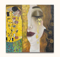 Gustav Klimt – Gouden Kus: Links een Klimt-stijl omhelzing met bloemen, rechts een realistisch vrouwenportret met gouden accenten. Olieverf op canvas, direct ophangbaar.