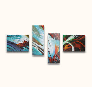 Handgeschilderd 4-luik Large Hadron Collision met turquoise en oranje abstracte vormen, dynamische lijnen, en texturen. Ideaal voor moderne interieurkunst.