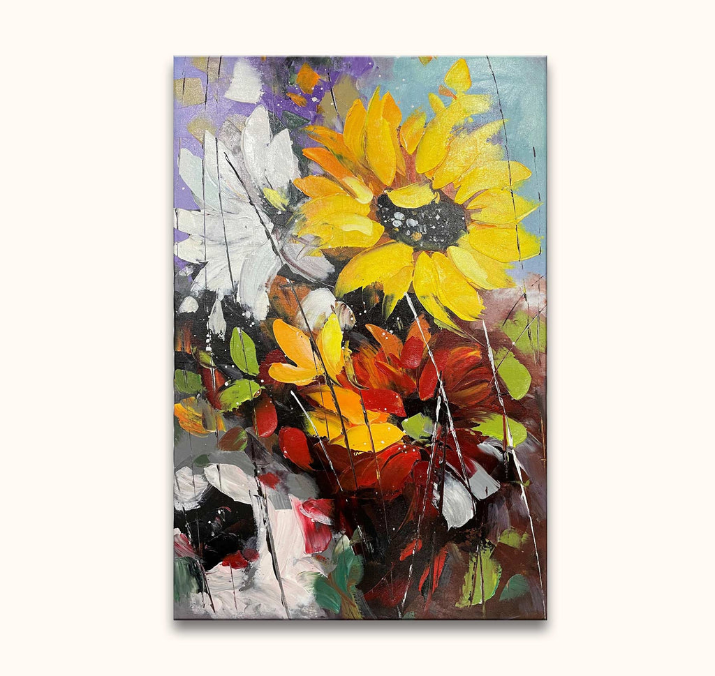 Bloemen uit Lissabon - Olieverf op canvas (60x90cm): Impressionistisch schilderij met grote gele en witte bloemen, rode en oranje accenten, op een kleurrijke achtergrond.