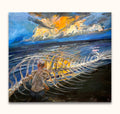 Man by Beached Sperm Whale - Oil on canvas: Impressionistic painting of a kneeling figure grasping a whale skeleton on a beach, under a dramatic sky.
