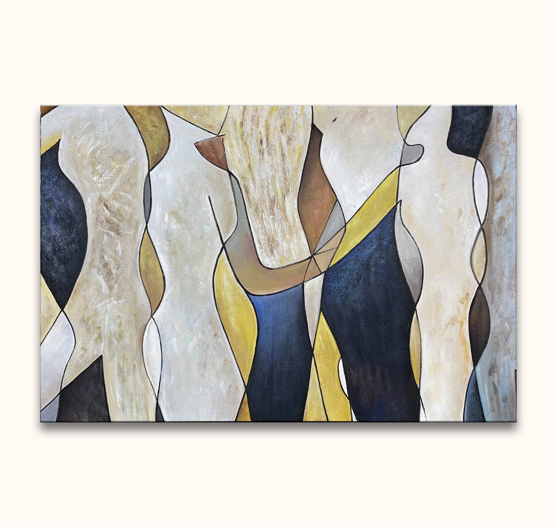 Abstract schilderij 'People', olieverf op canvas. Interlacing vormen in neutrale tonen, met kubistische suggesties van figuren. Expressieve moderne kunst, klaar om op te hangen.