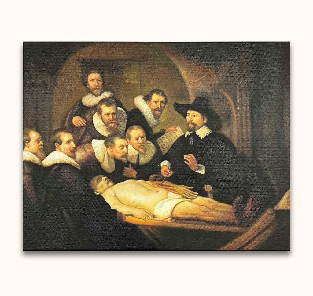 Rembrandt van Rijn – La Conferenza Anatomi: Groep artsen rond een kadaver, Dr. Tulp demonstreert anatomie. Handgeschilderd olieverfschilderij, barokke complexiteit, klaar om op te hangen.