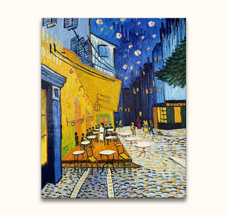 Vincent van Gogh - Caféterras bij Nacht: Handgeschilderd olieverfschilderij van een verlicht caféterras 's nachts, met figuren op straat. Zuurvrij canvas, direct ophangbaar.