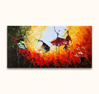 Vier Danseressen - Olieverf op canvas (100x50cm), abstract palette-knife painting, featuring four stylized figures in motion with vibrant hues, emphasizing dance-inspired art.