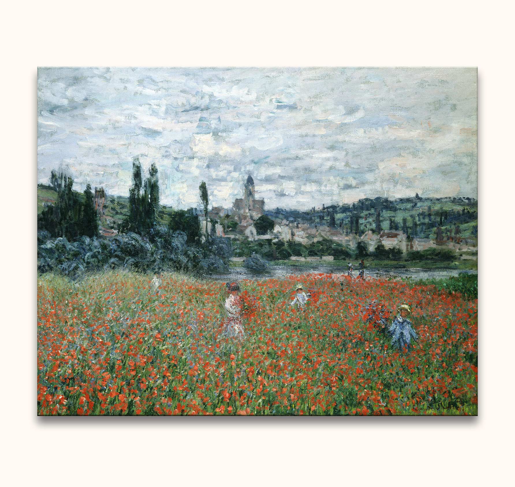 Claude Monet's Poppy Field near Vétheuil – vibrant landscape with women among poppies, expertly hand-painted. Ideal for romantic modern art enthusiasts. Ready to hang.