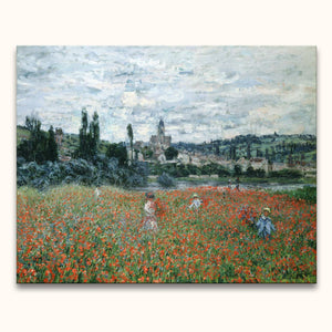 Claude Monet's Poppy Field near Vétheuil – vibrant landscape with women among poppies, expertly hand-painted. Ideal for romantic modern art enthusiasts. Ready to hang.