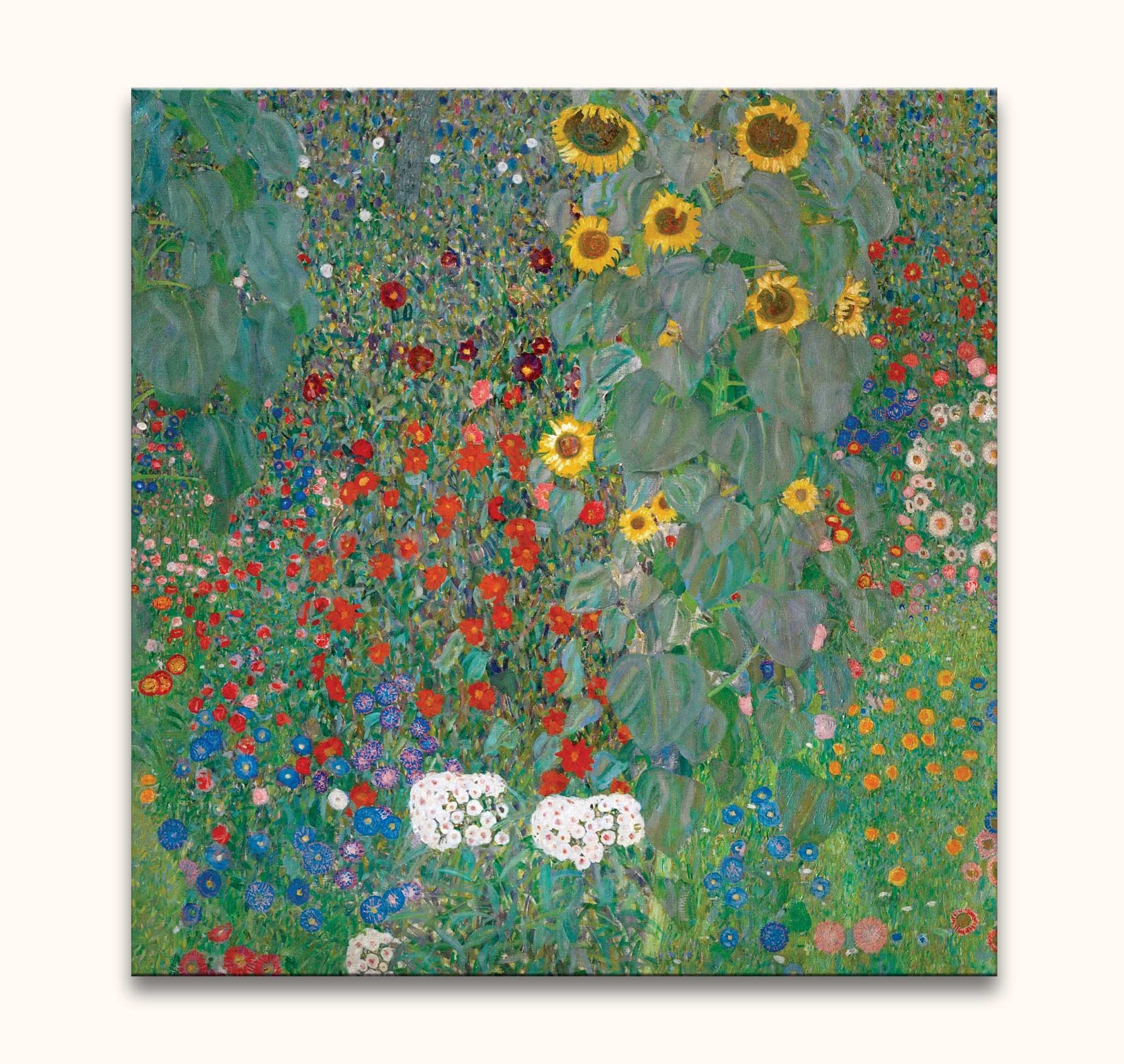 Gustav Klimt's Boerentuin: A vibrant oil painting of a flower garden featuring sunflowers and diverse blooms, hand-painted on high-quality canvas.