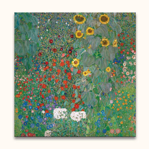 Gustav Klimt's Boerentuin: A vibrant oil painting of a flower garden featuring sunflowers and diverse blooms, hand-painted on high-quality canvas.