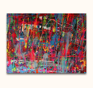 Abstracte expressie van energieke kleuren, geïnspireerd door Jackson Pollock. Handgeschilderd olieverfschilderij Night Lights op canvas, klaar om op te hangen, zonder lijst nodig.